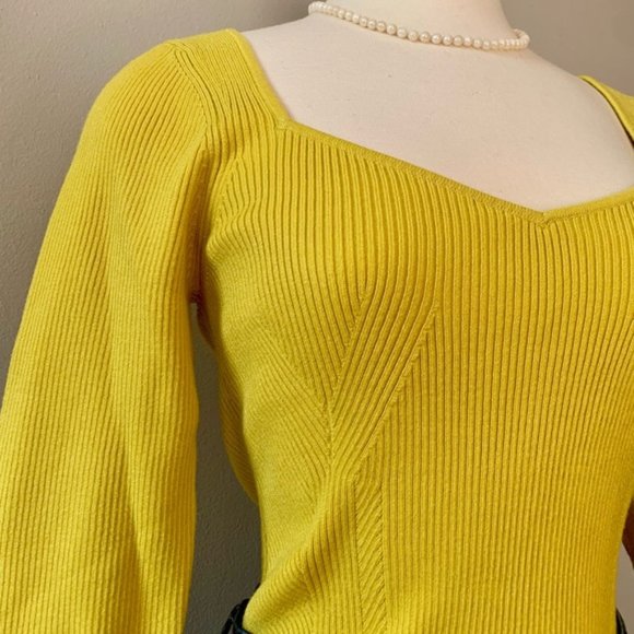 Anthropologie Citron Yellow Sweetheart Neckline Knit Long Sleeve Sweater size L - Picture 8 of 16